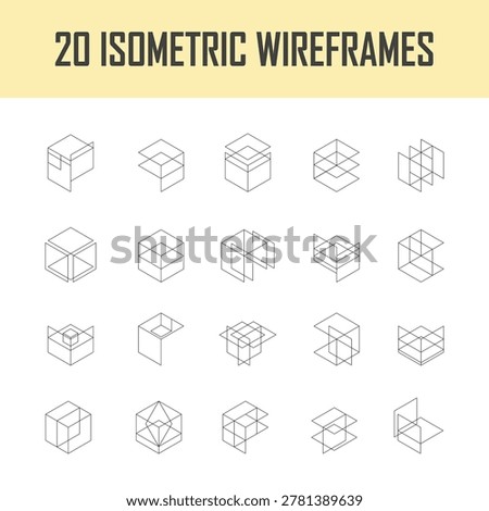 A set of minimal isometric wireframe icons presented in a clean and professional layout. The graphics feature various geometric shapes and architectural structures on a white background with a contrasting yellow header. This collection is ideal for technical presentations, structural diagrams, or modern infographic designs that emphasize precision and linear aesthetics.