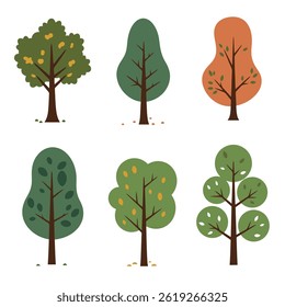 Set of Minimal Istic Tree Illustrations with Various Green Shapes on White

