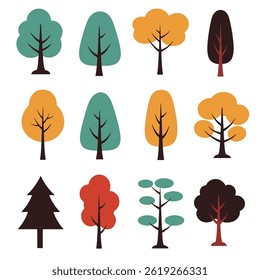Set of Minimal Istic Tree Illustrations with Various Green Shapes on White

