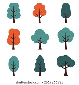 Set of Minimal Istic Tree Illustrations with Various Green Shapes on White

