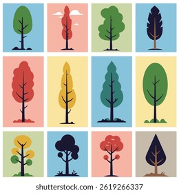 Set of Minimal Istic Tree Illustrations with Various Green Shapes on White

