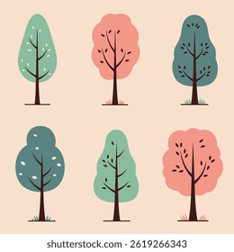 Set of Minimal Istic Tree Illustrations with Various Green Shapes on White

