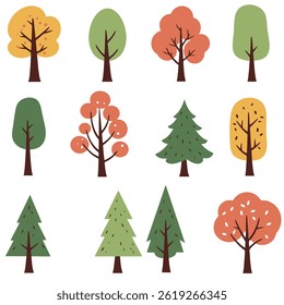 Set of Minimal Istic Tree Illustrations with Various Green Shapes on White

