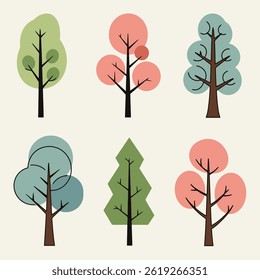 Set of Minimal Istic Tree Illustrations with Various Green Shapes on White


