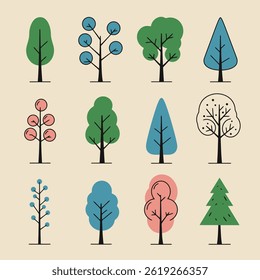 Set of Minimal Istic Tree Illustrations with Various Green Shapes on White

