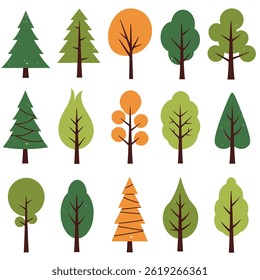 Set of Minimal Istic Tree Illustrations with Various Green Shapes on White

