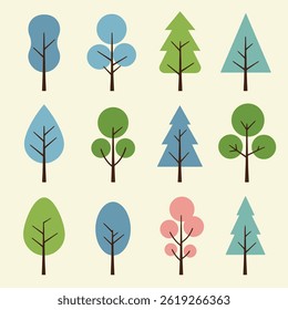 Set of Minimal Istic Tree Illustrations with Various Green Shapes on White


