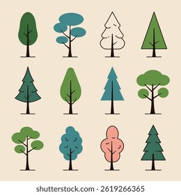Set of Minimal Istic Tree Illustrations with Various Green Shapes on White

