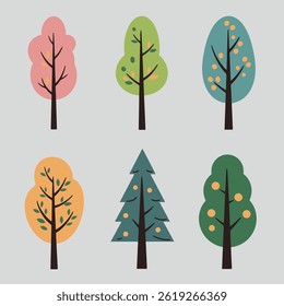 Set of Minimal Istic Tree Illustrations with Various Green Shapes on White

