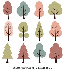 Set of Minimal Istic Tree Illustrations with Various Green Shapes on White


