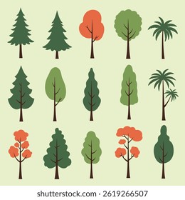 Set of Minimal Istic Tree Illustrations with Various Green Shapes on White

