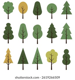 Set of Minimal Istic Tree Illustrations with Various Green Shapes on White

