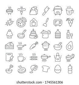 Set of minimal kitchen tools or cooking and food icon isolated modern outline on white background