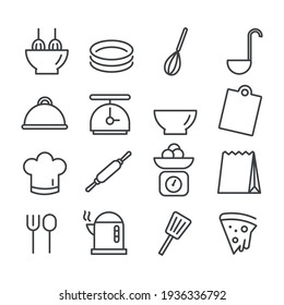 Set mit minimalen Küchenwerkzeugen oder Kochsymbol einzeln auf weißem Hintergrund