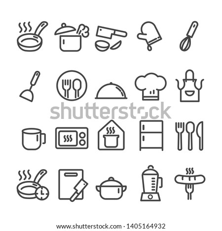 Set of minimal kitchen tools or cooking icon isolated modern outline  on white background