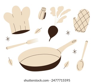 Conjunto de herramientas de cocina mínimas para su diseño. Ilustración vectorial plana para su diseño.