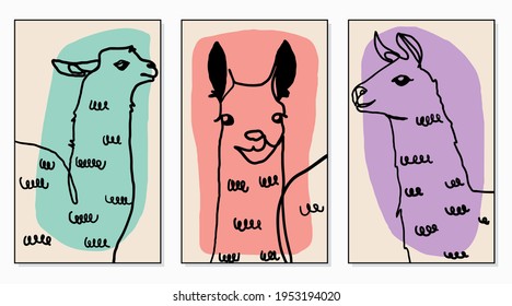 set of minimal lama abstract childish hand drawing continuous lines face  for posters, hanging wall, wallpaper, texture, banner, label, card etc. modern hipster style vector design.