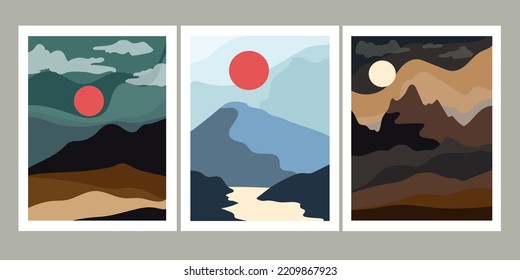 Set of minimal  landscape with mountains, big hill, red sun, river, Vector background.