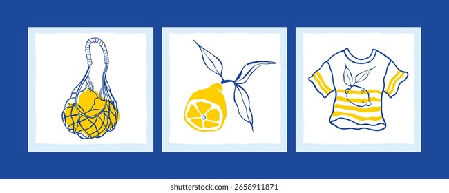 Set von minimalen Zitronen-Doodle-Postkarte mit Kleidung, Obst und Netztasche. Ideal für Sommer-Design, Verpackung, Öko-Produkte. Handgezeichneter Umrissstil, Vektorgrafik.