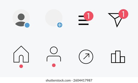  A set of minimal line art icons representing various functions of a social media interface, including profile, new post, list, filter, home, user, share, and analytics.