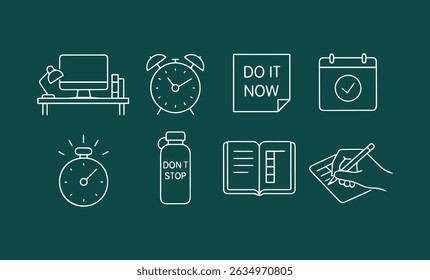 A set of minimal line art icons for productivity, time management, and organization. Featuring a desk, alarm clock, calendar, stopwatch, water bottle, notebook and hand.
