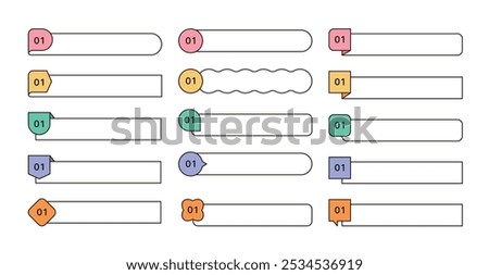 Set of minimal line banners, labels, ribbons, emblems, frames, tags, points, speech bubbles and arrows decorative icons. It is used as a design template source for business, events, etc.