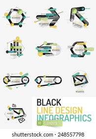Set of minimal line design geometric presentation or web infographics. Black line concept icons with stickers, notes and other business design elements