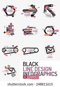 Set of minimal line design geometric presentation or web infographics. Black line concept icons with stickers, notes and other business design elements
