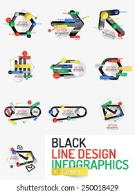 Set of minimal line design geometric presentation or web infographics. Black line concept icons with stickers, notes and other business design elements