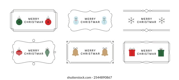 Set of minimal line frames, labels, banners and borders illustrations in December Christmas concept. Simple decorations, ornaments, snow, bells, gift icons and 'Merry Christmas' typography.