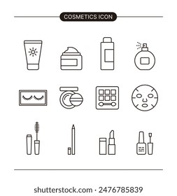 Conjunto de iconos de línea mínima para maquillaje y cosméticos concepto. Loción, lápiz labial, esmalte de uñas, crema, protector solar, esencia, perfume, pestañas, cojín, sombra de ojos, rímel, polvo, paquete, lápiz de cejas.