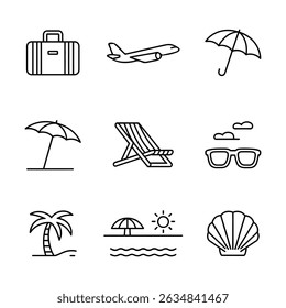 Set of minimal line icons representing summer vacation, beach holiday, and travel elements on white background.