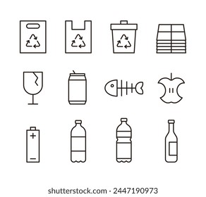 Set of minimal line icons for trash, recycling and environment concepts. Trash can, bag, glass, paper, waste paper, can, food, fish, apple, batterie, bottle, plastic bottle, plastic, glass bottle.