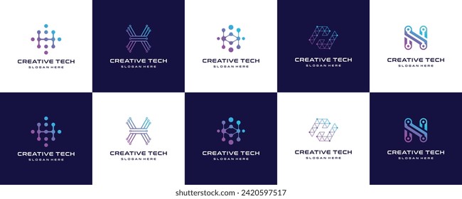Set of minimal Line letter H logo initial with technology concept