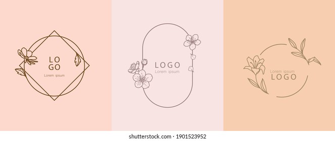 set of minimal line logo , wedding logo ,banner decorate with flower