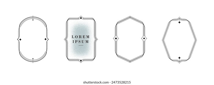 Set of minimal linear frames with sparkles. Aesthetic templates for posters, greeting card, invitation. Simple  graphic design element. Vector illustration.