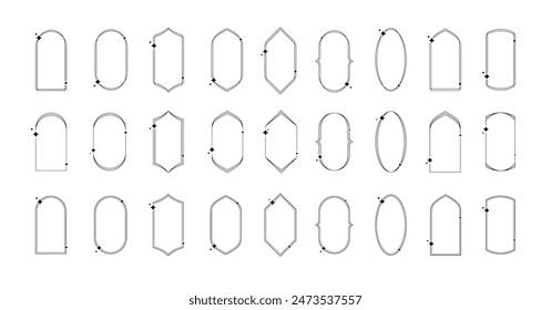 Set of minimal linear frames with sparkles. Aesthetic templates for posters, posts and stories. Simple y2k style graphic design element. Vector illustration.