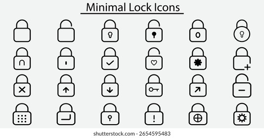 Set of minimal lock icons, simple security padlock symbols, password protection and privacy line icons, modern UI vector collection