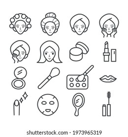 Set of minimal makeup icon. Beauty stylist concept in modern outline isolated on white background