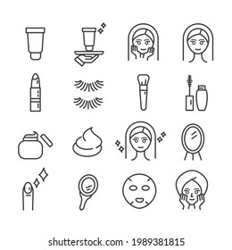 Set of minimal makeup icons. Beauty stylist or blogger  and cosmetic products concept in modern outline isolated on white background