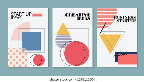 Set of minimal Memphis design start-up poster vector