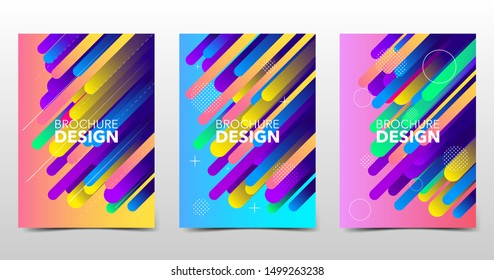 Set of minimal modern backgrounds with trendy halftone gradients, colored brochure design with geometric shapes and lines