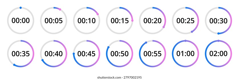 Set of minimal modern round gradient timer icons with 5-minute or second intervals: 5, 10, 15, 20, 25, 30, 35, 40, 45, 50, 55, 1 and 2, in flat style