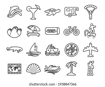 Set Minimal Modern Thin Stroke Black Icons Travel beach ocean Hotel on White Background.