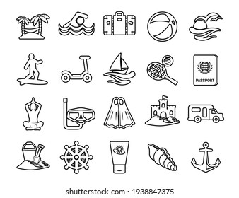 Set Minimal Modern Thin Stroke Black Icons Travel beach ocean Hotel on White Background.