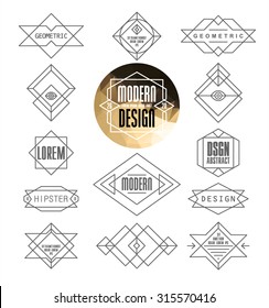 Set of Minimal Monochrome Geometric Retro Insignias and Logotypes. Business Signs, Logos, Labels, Badges, Frames, Borders and Other Design Elements. 