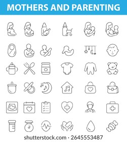 CONJUNTO DE Ícones MÍNIMOS de Mãe e Paternidade, Baby Care, Alimentação, carrinho, fralda, amor, berço e muito mais, Fornecido em formato editável EPS, JPG
