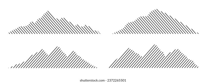 Set minimal mountain ridge with many peaks in line art, landscape pattern, hills of mountains - stock vector