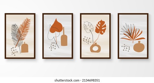 Set of minimal natural wall art in brown images vertical frame. Abstract composition earth tone. Art print, cover, photo frame, wallpaper. Object with shadow. Vector illustration.