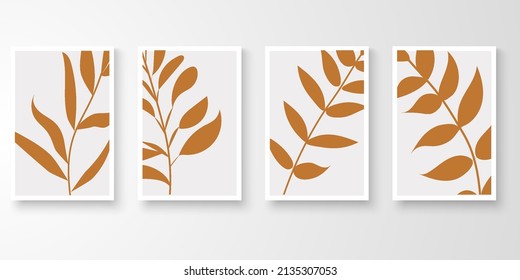 Conjunto de arte de pared natural mínimo en marcos blancos. 
Dibujo artístico de línea de follaje con composición de forma abstracta tono de tierra. Ilustración vectorial de arte.